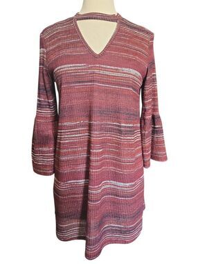 Falls Creek Striped Knit Dress with Bell Sleeves & Cutout Neck V-Keyhole - L